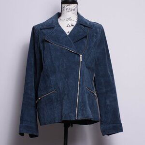 DENNIS BASSO~Washable Suede Leather Motorcycle (Moto) Jacket Coat - Blue Size M